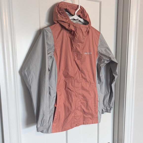 Marmot Preclip Eco Raincoat Rain Jacket - Coral and Grey sz Girls' L - Picture 2 of 8